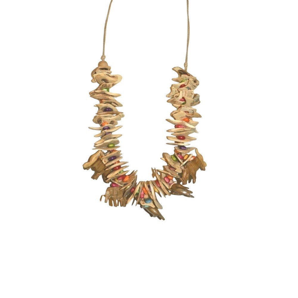 Vintage Chunky Beige Wooden Animal Statement Necklace with Multicolor Accents